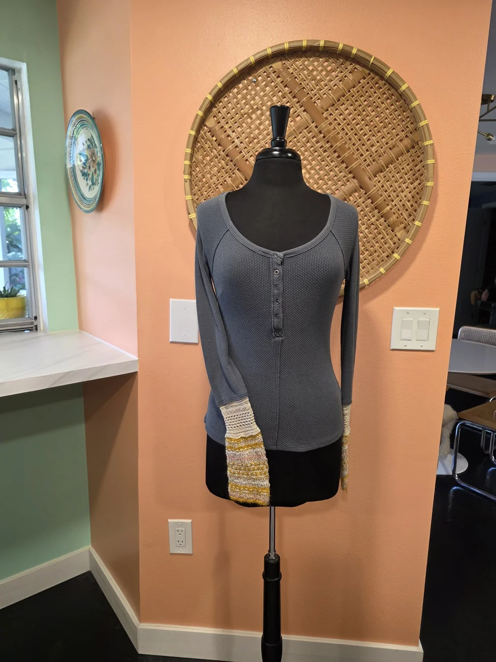 Free People Ski Lodge Alpine Cuff Gray Long Sleeve Henley Yellow Knit